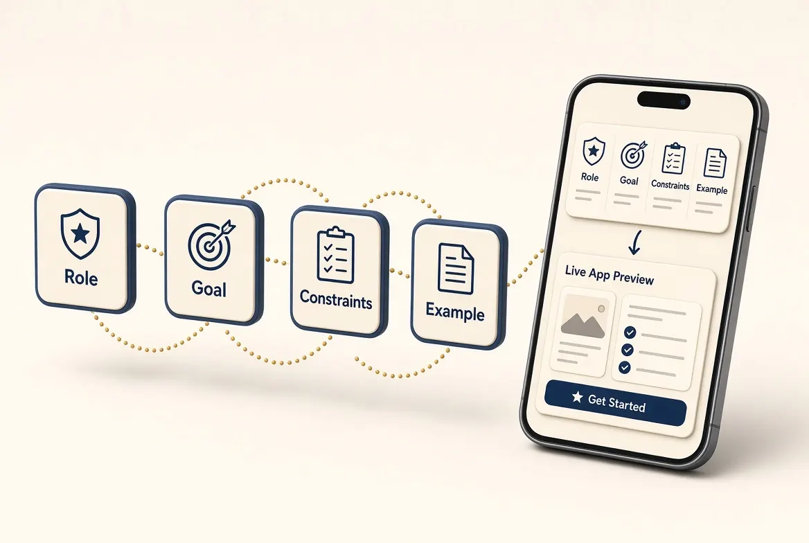 Four prompt parts assembling into a live app on a phone